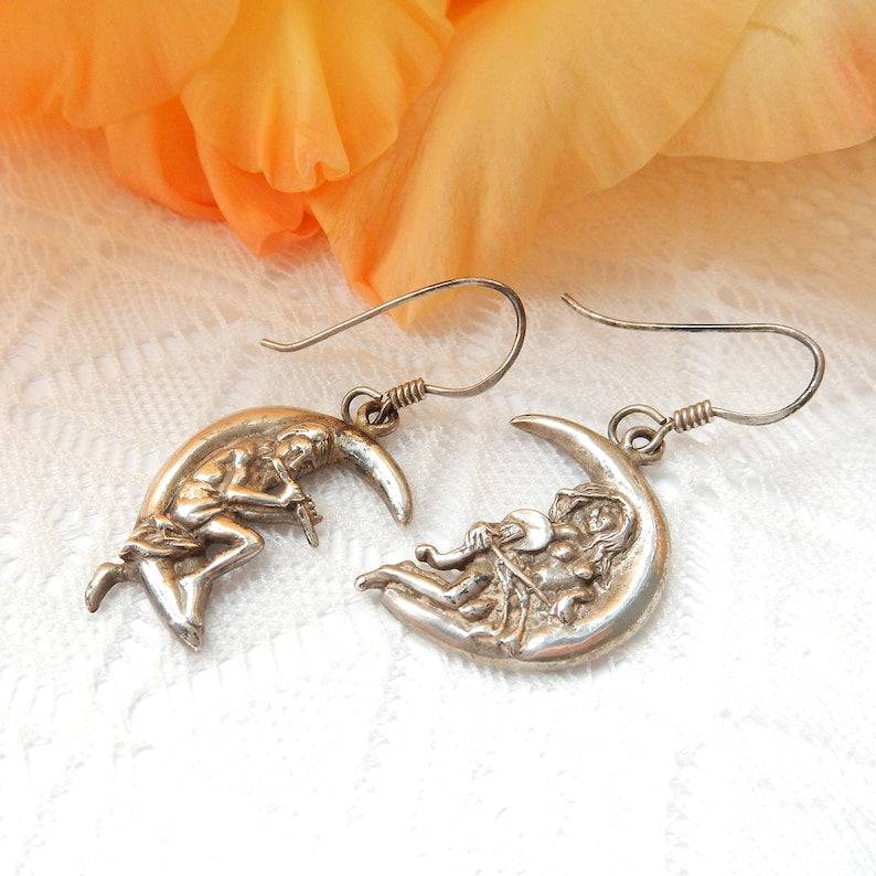 Vintage Sterling Silver Moon Cresent Mythical Celestial Earrings
