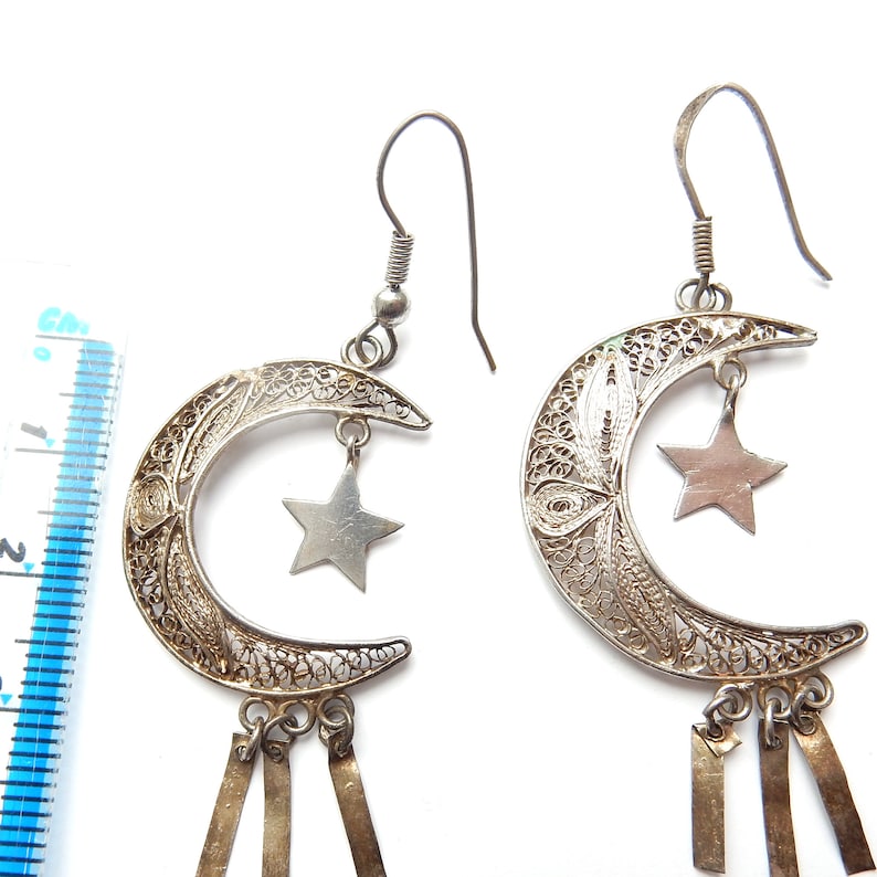 Vintage Sterling Silver Filigree Moon & Stars Celestial Earrings