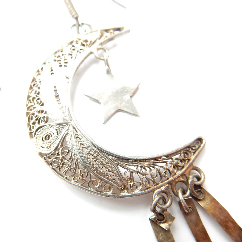 Vintage Sterling Silver Filigree Moon & Stars Celestial Earrings