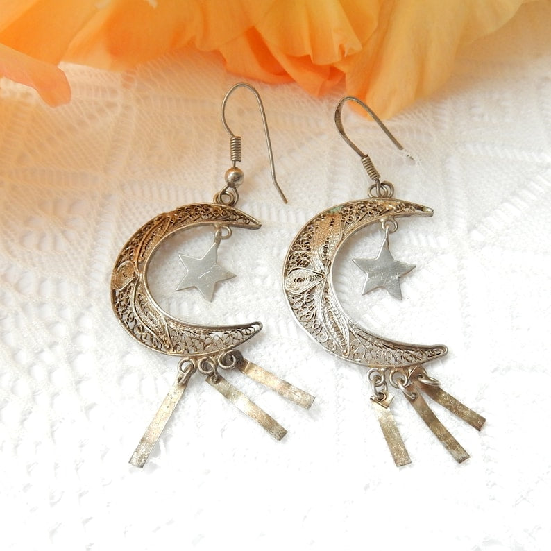 Vintage Sterling Silver Filigree Moon & Stars Celestial Earrings