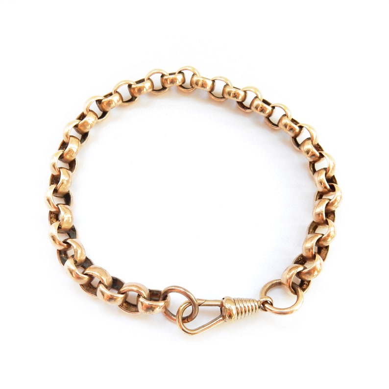 Antique Rolled Gold Belcher Link Chain Bracelet with Dog Clip 8 1/4"