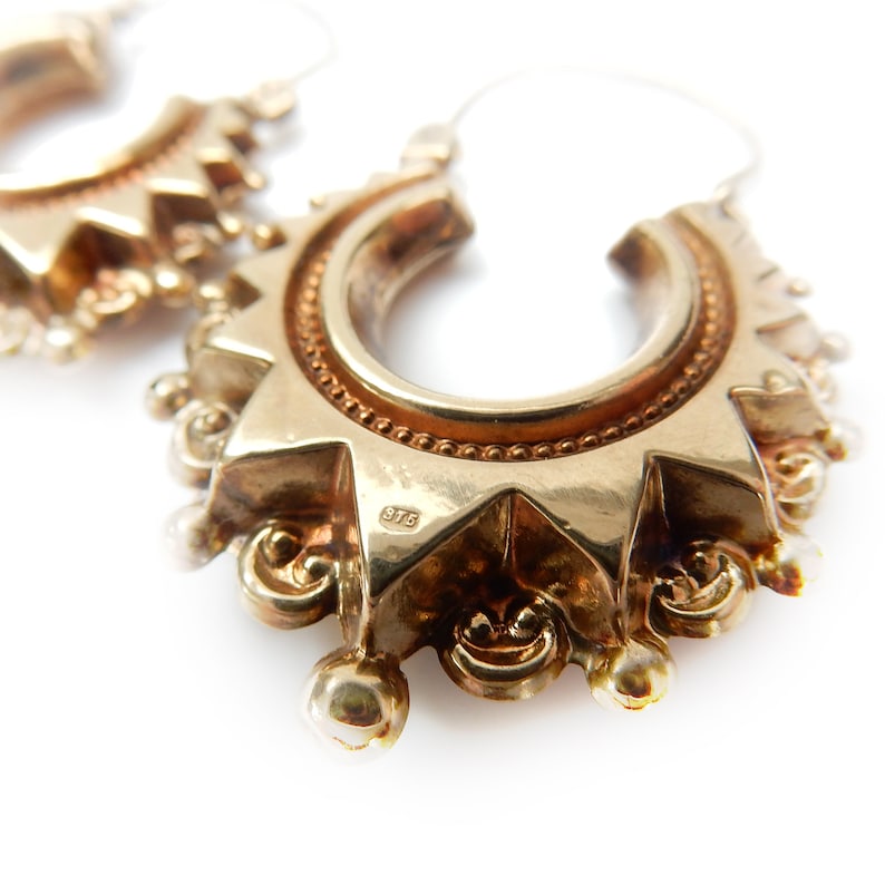 Victorian 9 Carat Gold Creole Spike Hoop Earrings