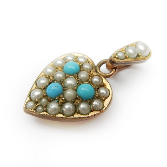 Edwardian Rolled Gold Seed Pearl & Turquoise Puffy Heart Charm