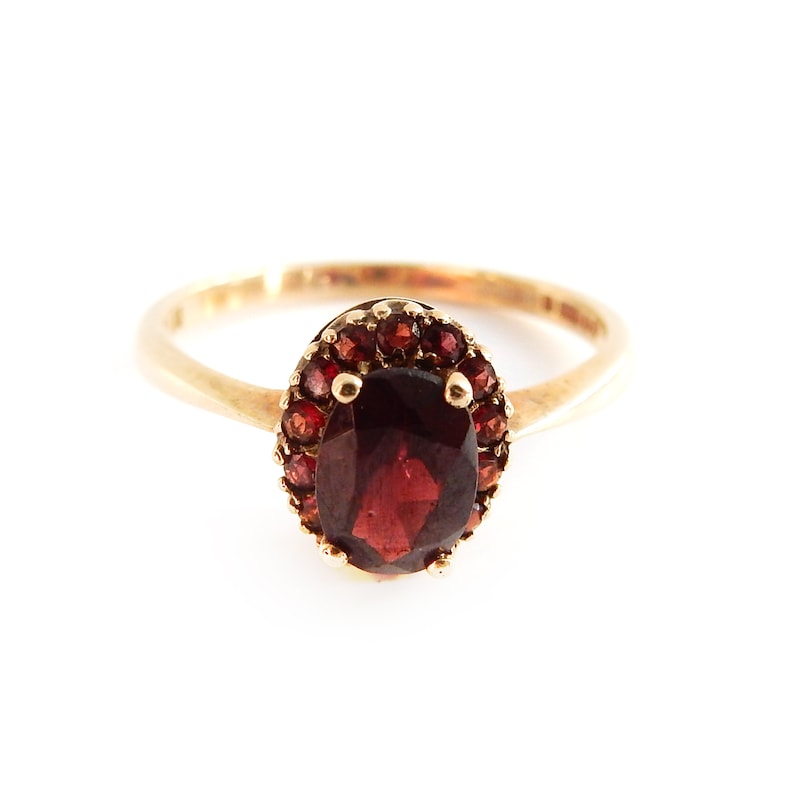 Vintage 9ct Gold Garnet Halo Ring Size 8.5