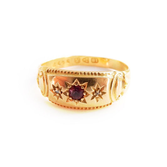 Victorian 18ct Gold Garnet Diamond Starburst Gypsy Ring Size 6