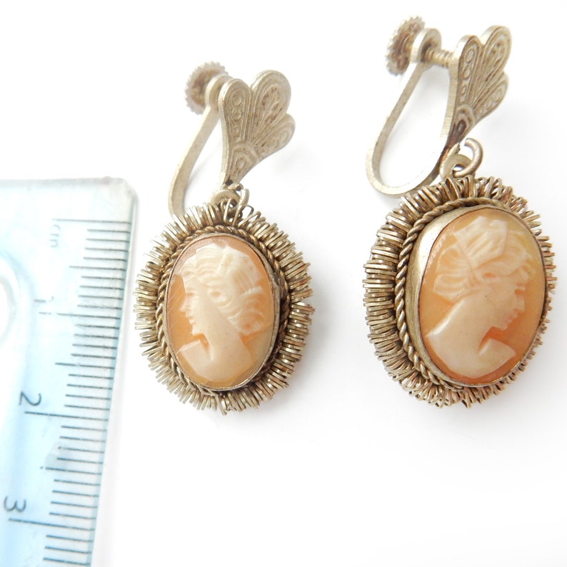 Antique Continental Silver Shell Cameo Lady Screw Back Earrings