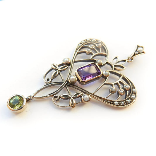 Art Nouveau Style 9ct Gold Peridot Amethyst & Seed Pearl Pendant