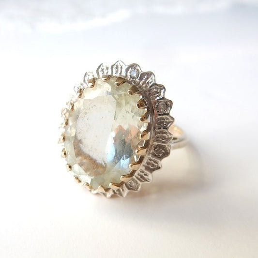 Vintage 9ct Gold Brazilian Green Amethyst & Diamond Ring US Size 6.5