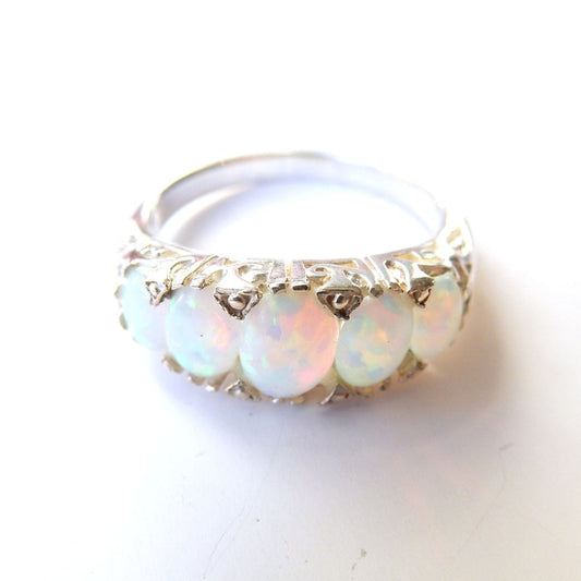 Sterling Silver Opal Five Stone Ring US Size 7 3/4 UK Q