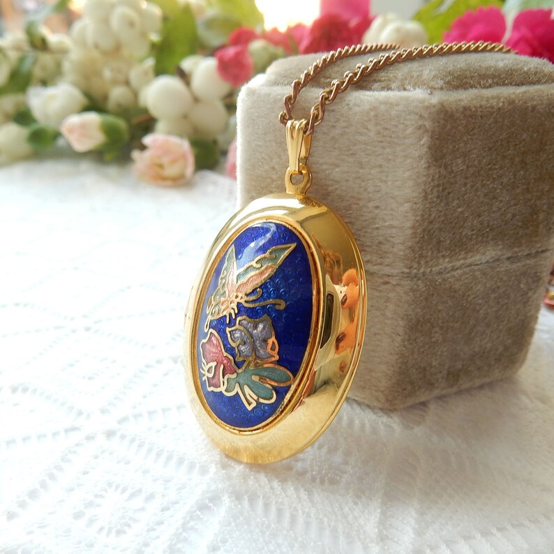 Vintage Gold Plated Cloisonne Enamel Butterfly Locket Necklace