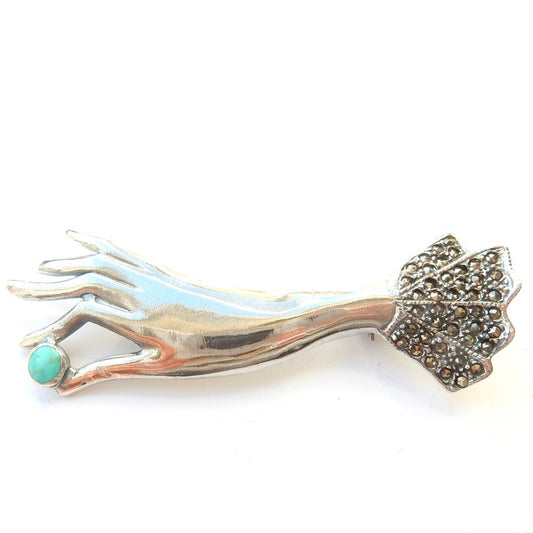Sterling Silver Marcasite Turquoise Puffed Sleeve Hand Brooch