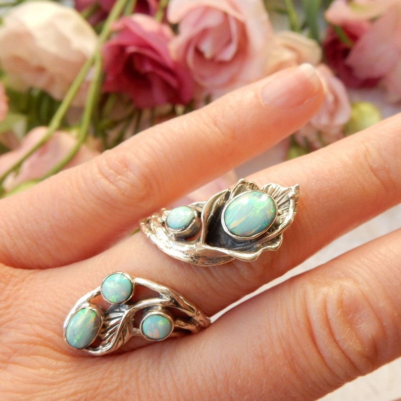 Sterling Silver Opal Arts & Crafts Vine Leaf Ring US Size 8 UK R