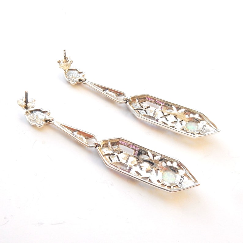 Sterling Silver Marcasite Opal & Ruby Long Drop Earrings
