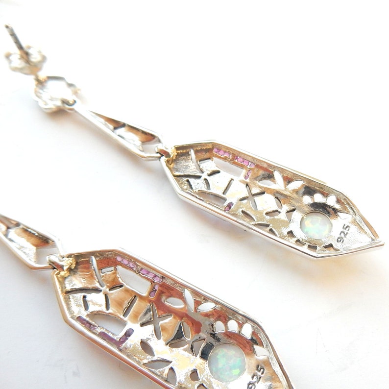 Sterling Silver Marcasite Opal & Ruby Long Drop Earrings