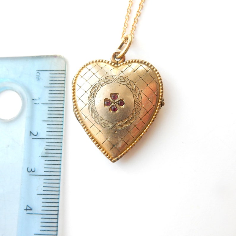 Antique Rolled Gold Ruby Paste Heart Locket Necklace