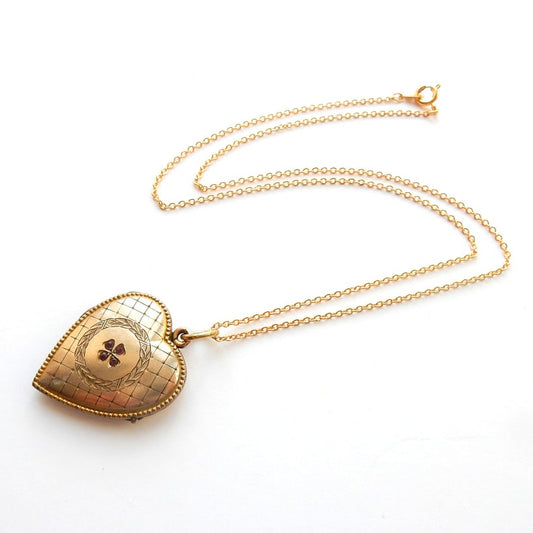 Antique Rolled Gold Ruby Paste Heart Locket Necklace