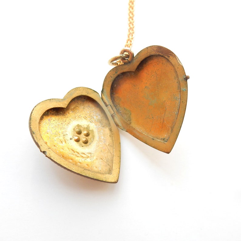 Antique Rolled Gold Ruby Paste Heart Locket Necklace