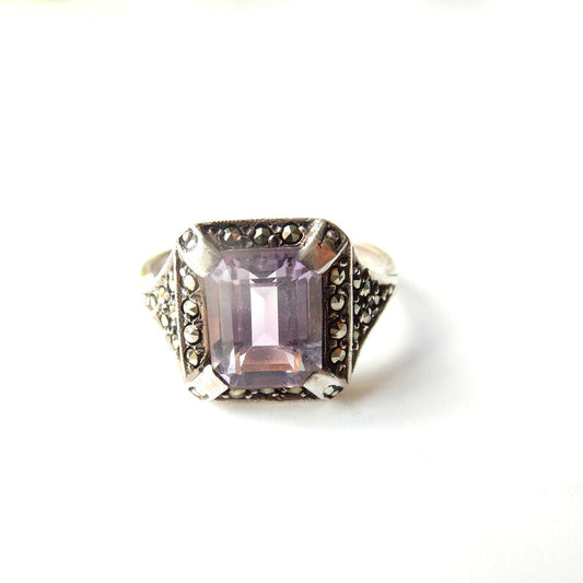 Art Deco Sterling Silver Amethyst & Marcasite Ring US Size 7 1/4 UK P