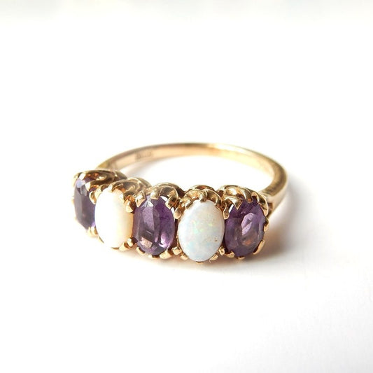 Vintage 9ct Gold Amethyst & Opal Ring US Size 7 UK P
