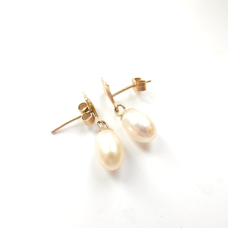 Vintage 9ct Gold Fleur Di Lis Pearl Drop Earrings