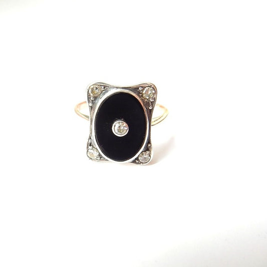 Antique 9ct Gold Silver Onyx & Diamond Ring US Size 5 1/4 UK L
