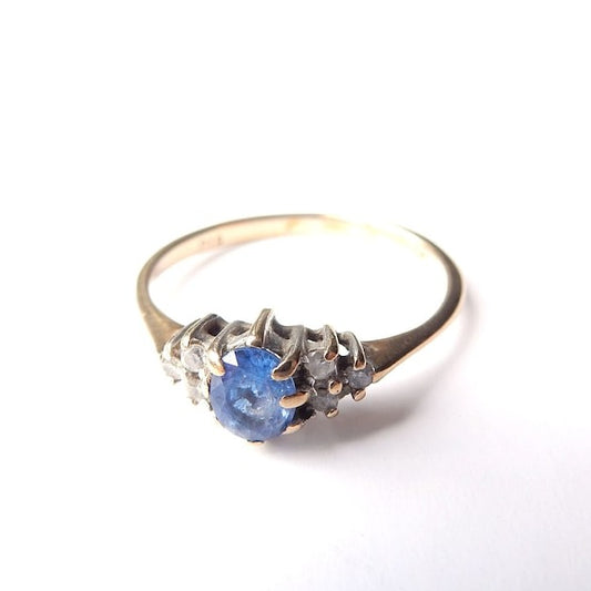 Vintage 9k Gold Cornflower Sapphire Diamond Ring US Size 5 UK K 1/2