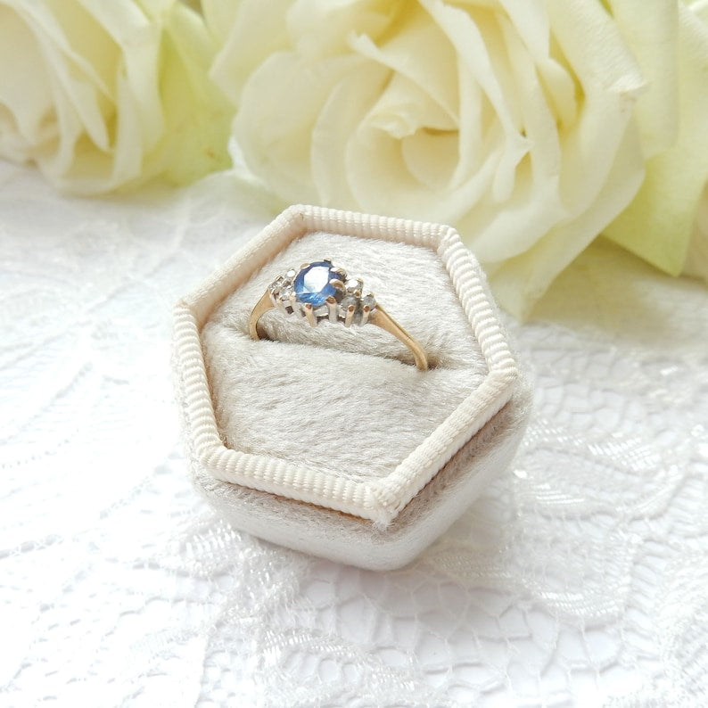 Vintage 9k Gold Cornflower Sapphire Diamond Ring US Size UK K