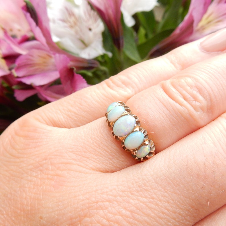 Antique Victorian 9ct Gold Opal Five Stone Ring US Size 6.5 UK N 1/2