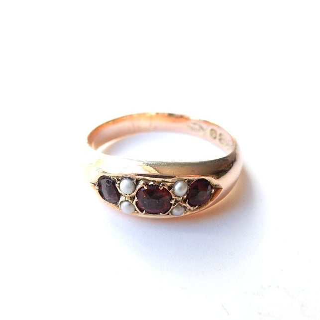 Victorian 9ct Gold Garnet Seed Pearl Ring US Size 6 3/4 UK O
