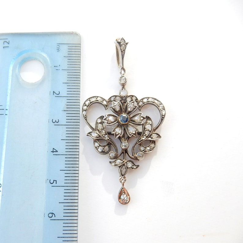 French Belle Epoch 9ct Gold & Silver Old Cut Diamond Sapphire Pendant
