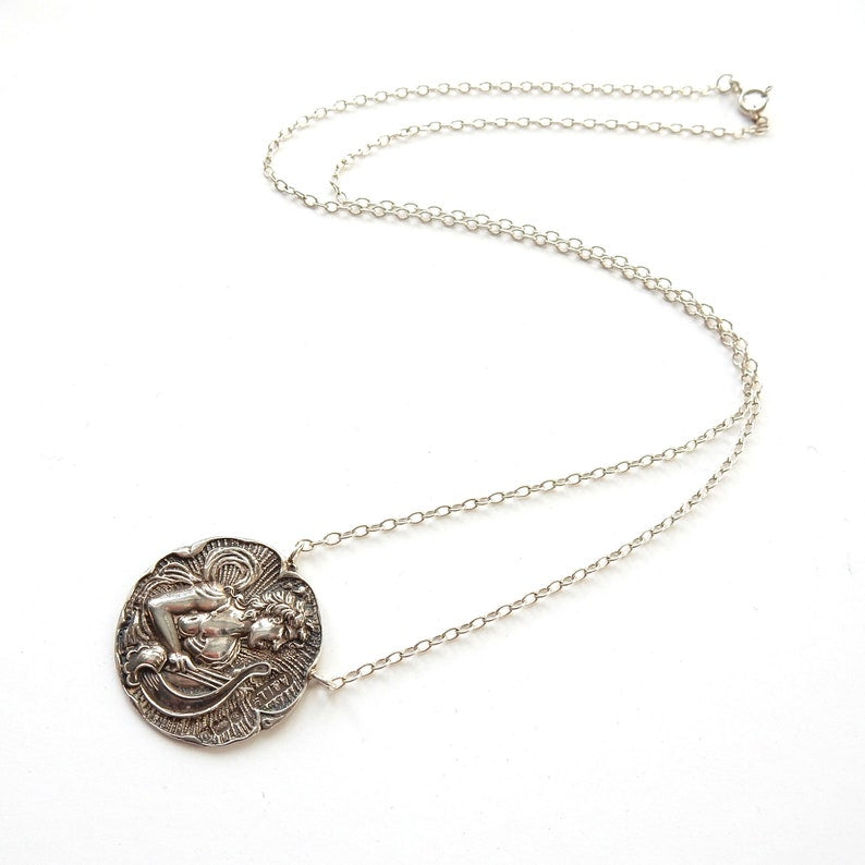 Art Nouveau Sterling Silver Repousee Coin Necklace