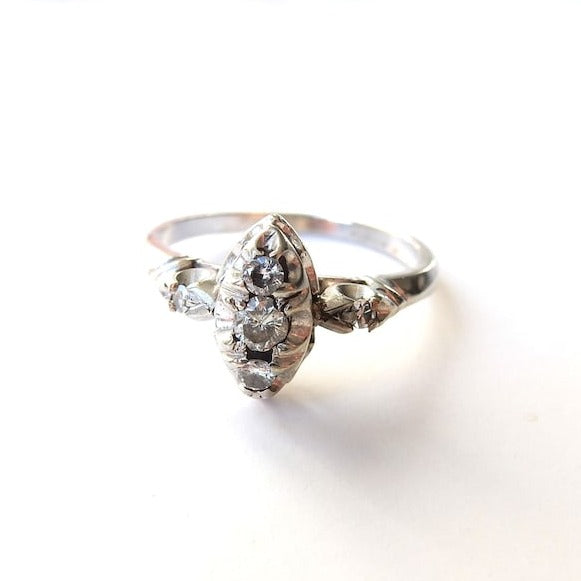 Art Deco 18ct White Gold Diamond Navette Ring US Size 6 1/4 UK N