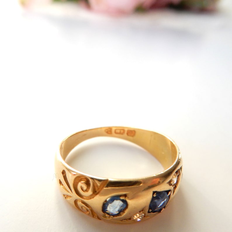 Reserved for Emma Victorian 18ct Gold Sapphire & Diamond Gypsy Ring US Size 5 3/4 UK M