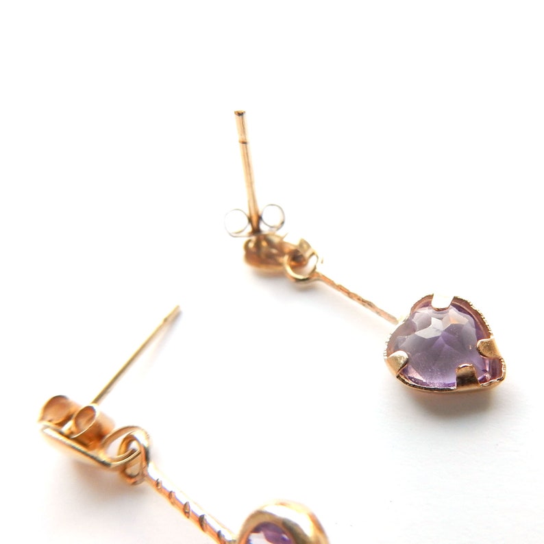 Dainty Vintage 9ct Gold Amethyst Heart Drop Earrings