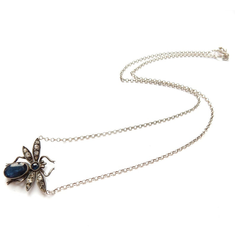 Edwardian Sterling Silver Blue Bug Necklace