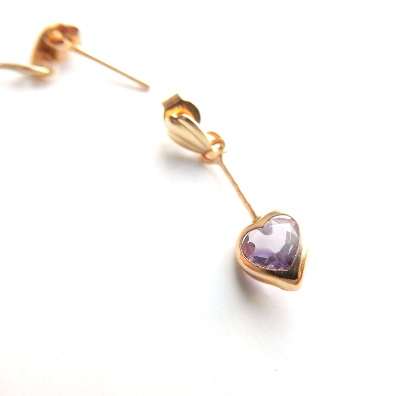 Dainty Vintage 9ct Gold Amethyst Heart Drop Earrings