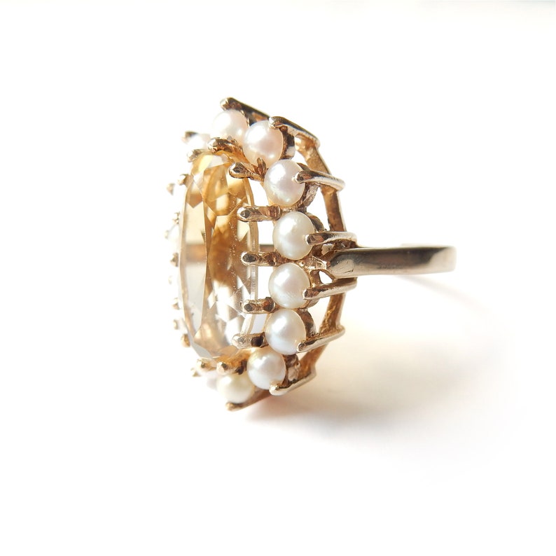 Vintage 9ct Gold Citrine & Seed Pearl Cocktail Ring