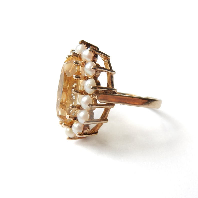 Vintage 9ct Gold Citrine & Seed Pearl Cocktail Ring