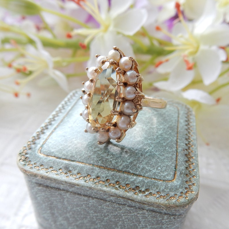 Vintage 9ct Gold Citrine & Seed Pearl Cocktail Ring