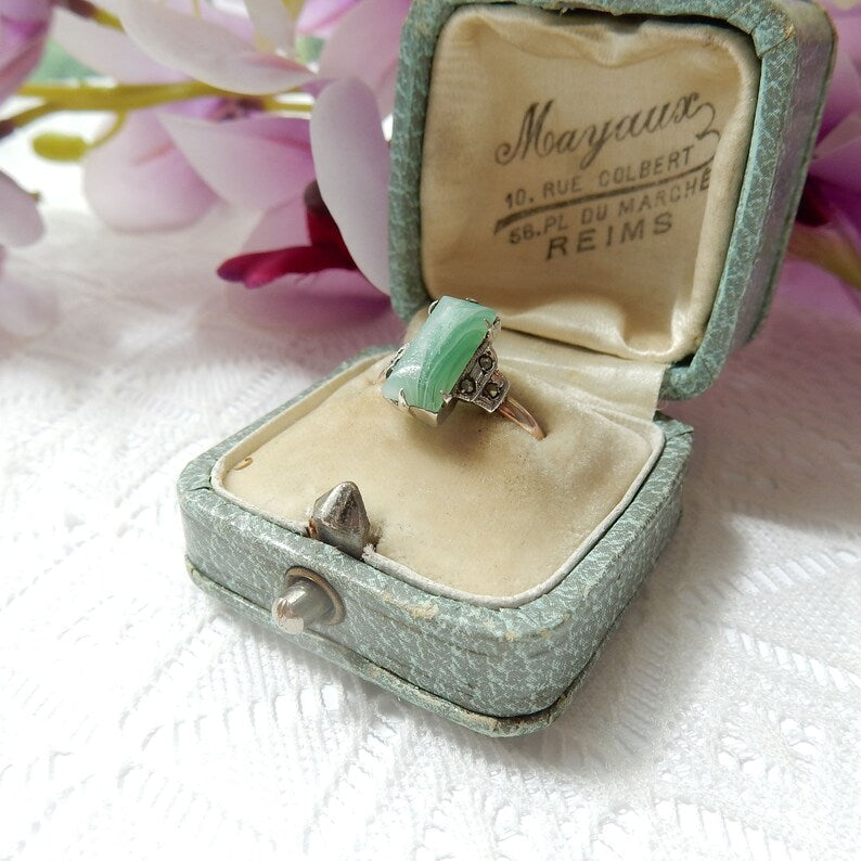 Art Deco 9ct Gold & Silver Malachite Ring