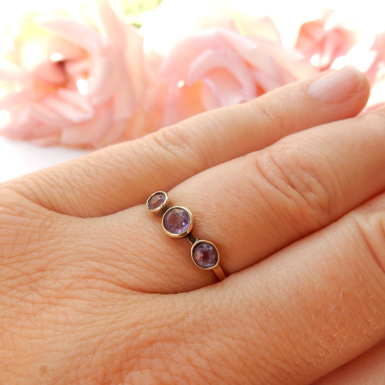 Antique 9ct Gold Amethyst Trio Ring