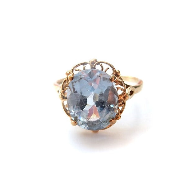 Vintage 9ct Gold Created Blue Spinel Filigree Ring