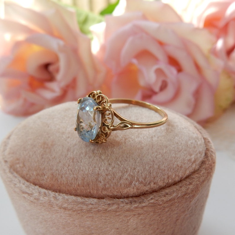 Vintage 9ct Gold Created Blue Spinel Filigree Ring