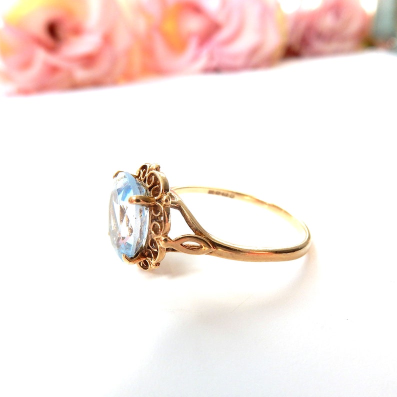 Vintage 9ct Gold Created Blue Spinel Filigree Ring