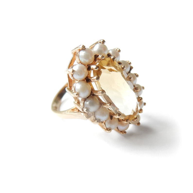 Vintage 9ct Gold Citrine & Seed Pearl Cocktail Ring