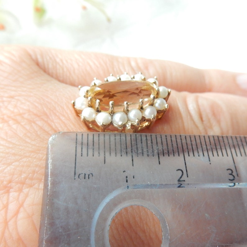 Vintage 9ct Gold Citrine & Seed Pearl Cocktail Ring