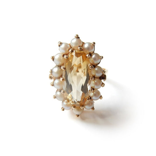 Vintage 9ct Gold Citrine & Seed Pearl Cocktail Ring