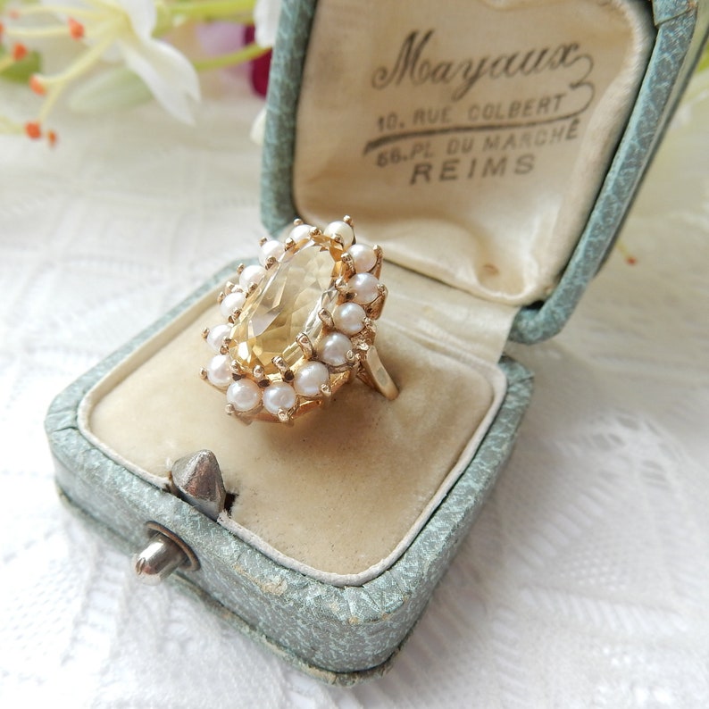 Vintage 9ct Gold Citrine & Seed Pearl Cocktail Ring