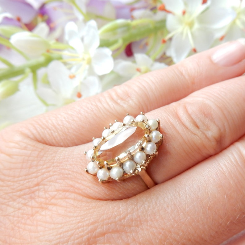 Vintage 9ct Gold Citrine & Seed Pearl Cocktail Ring