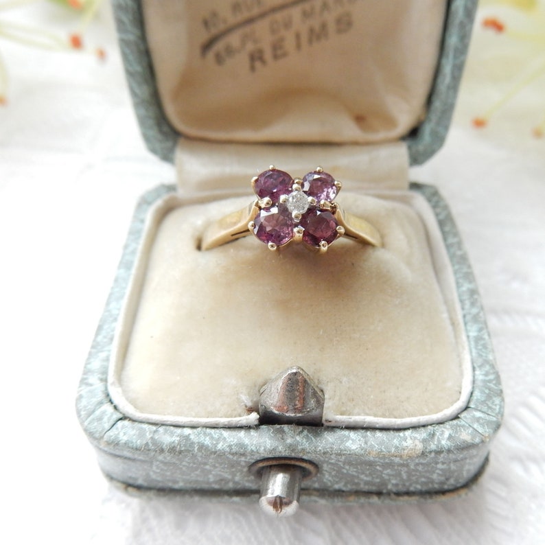 Vintage 9ct Gold Ruby & Diamond Petal Ring